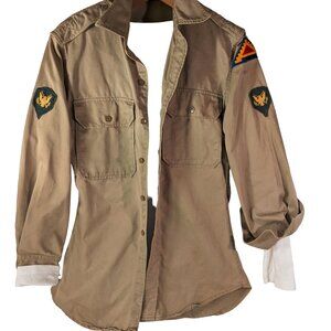 VTG shirt Army Ware 1950s Korean War Khaki Cargo Patched Eagle Sleeves Med Small